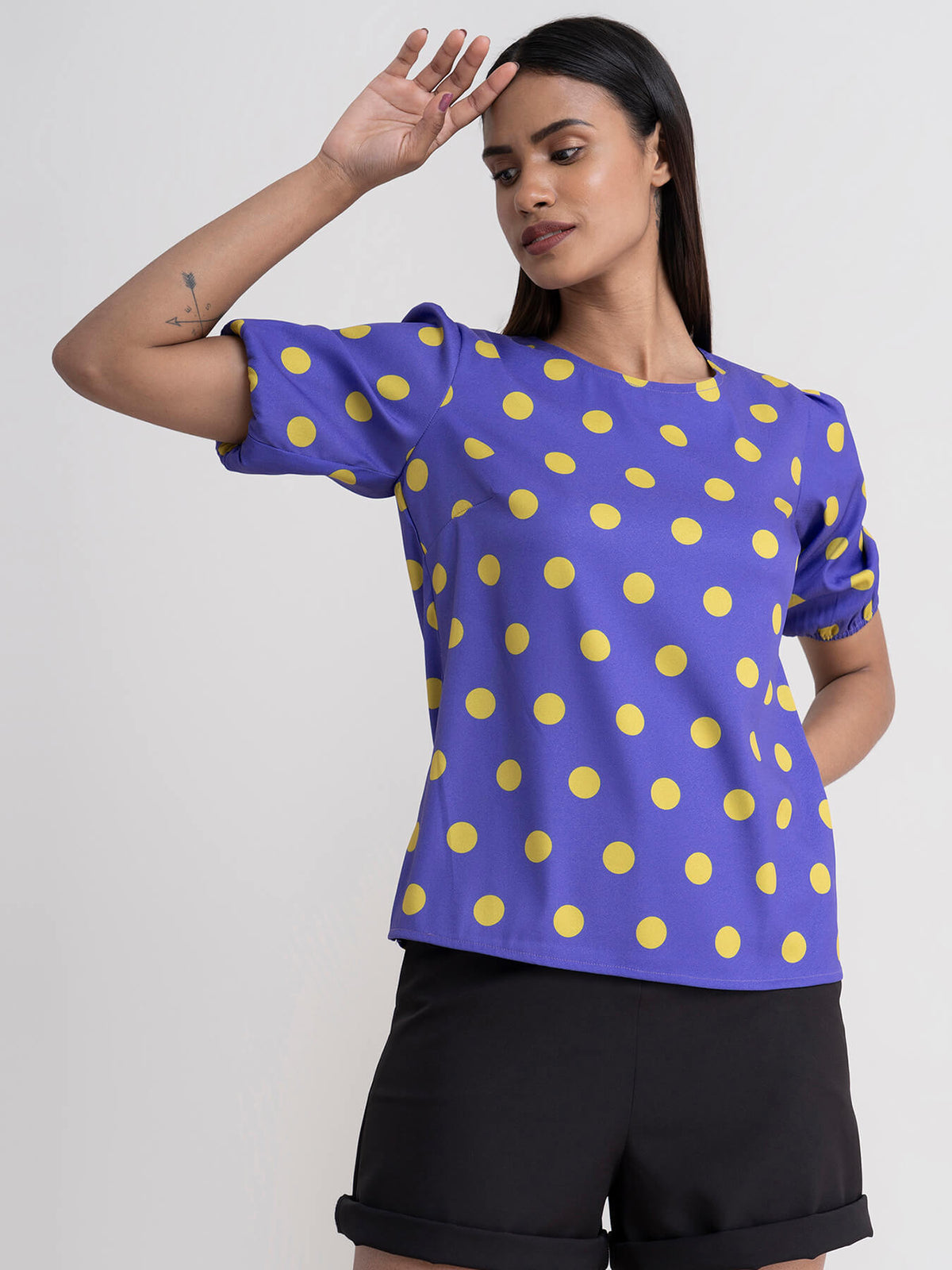 Polka Dot Puff Sleeve Top - Electric Blue