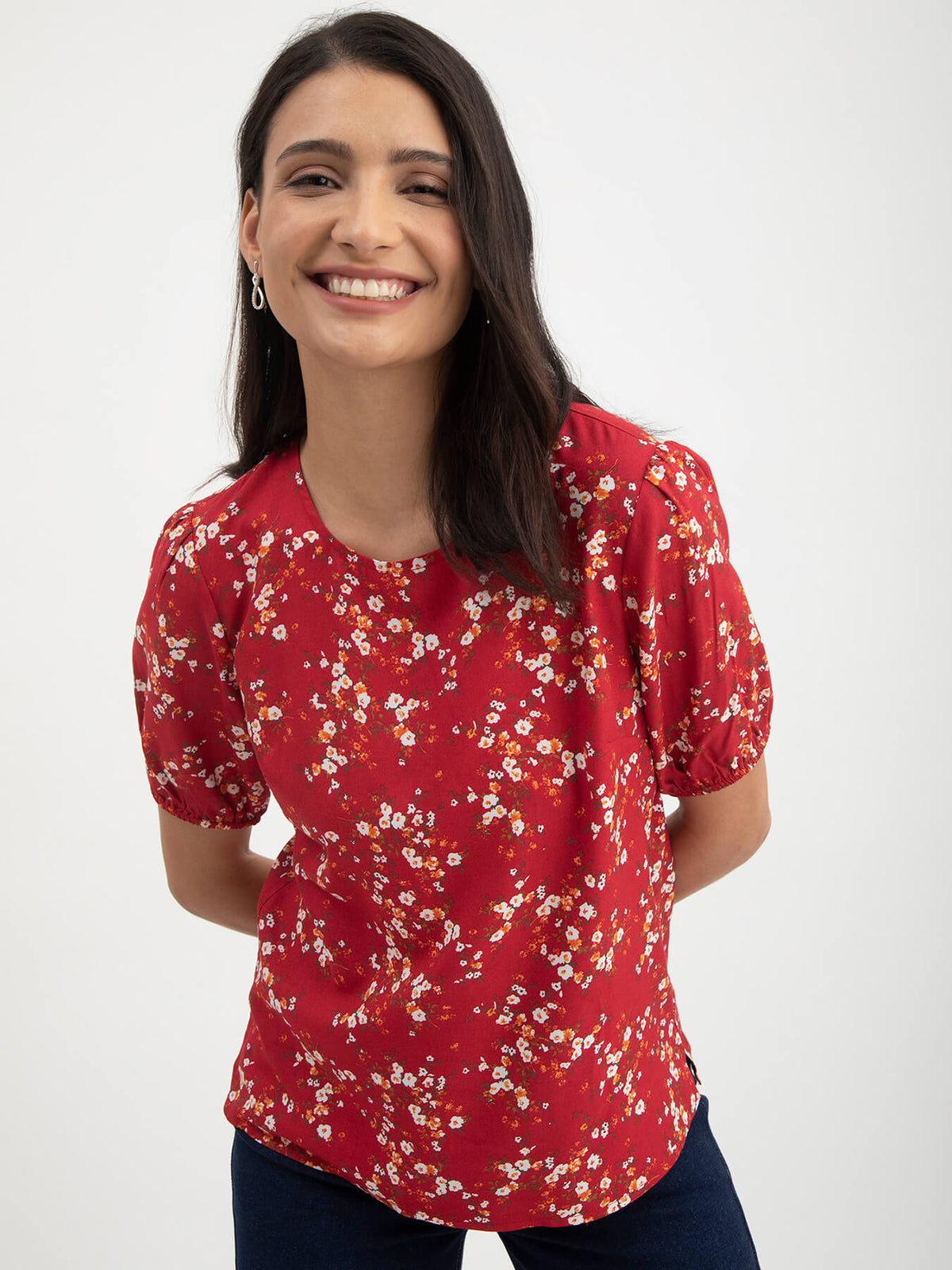 Floral Print Round Neck Top - Red