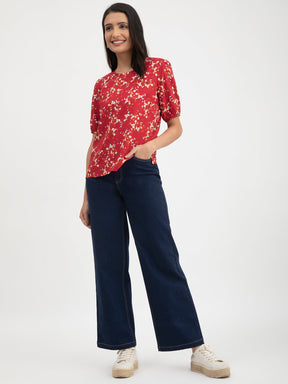 Floral Print Round Neck Top - Red