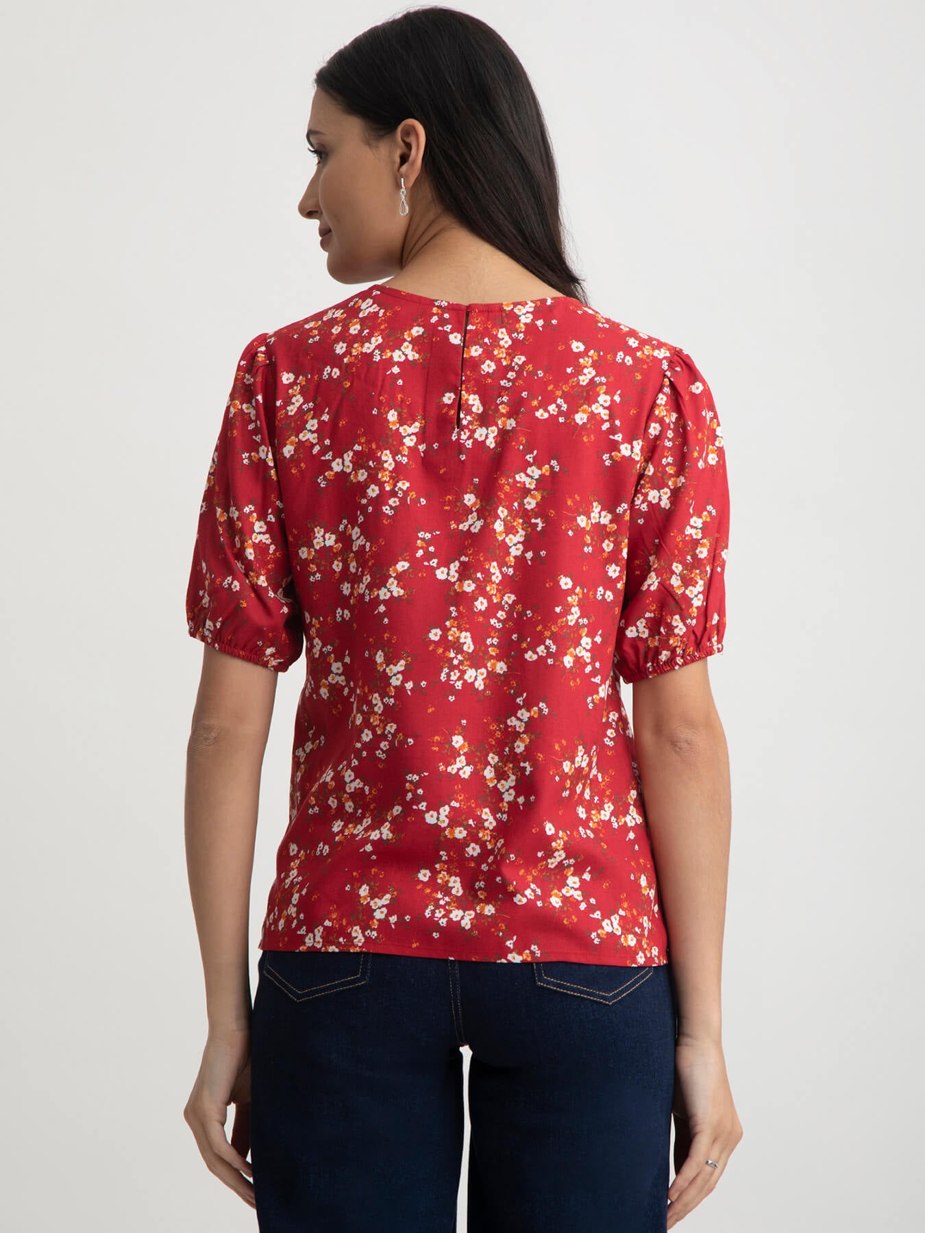 Floral Print Round Neck Top - Red