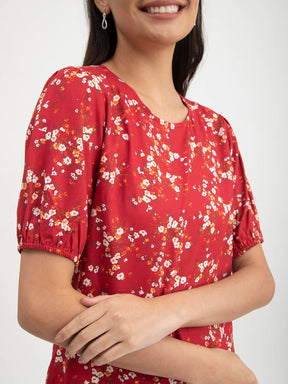 Floral Print Round Neck Top - Red