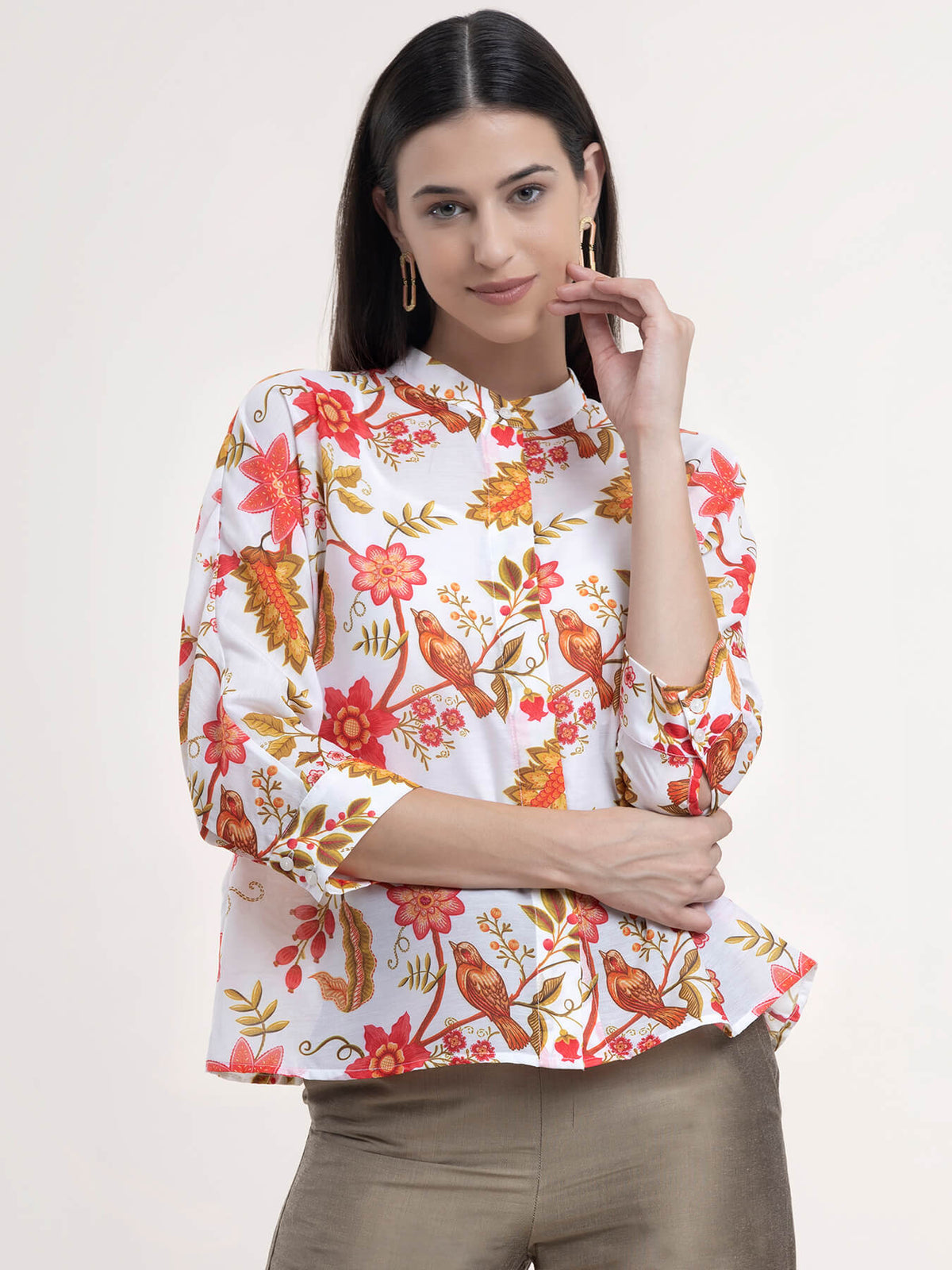 Chanderi Floral Dolman Sleeve Top - White and Red