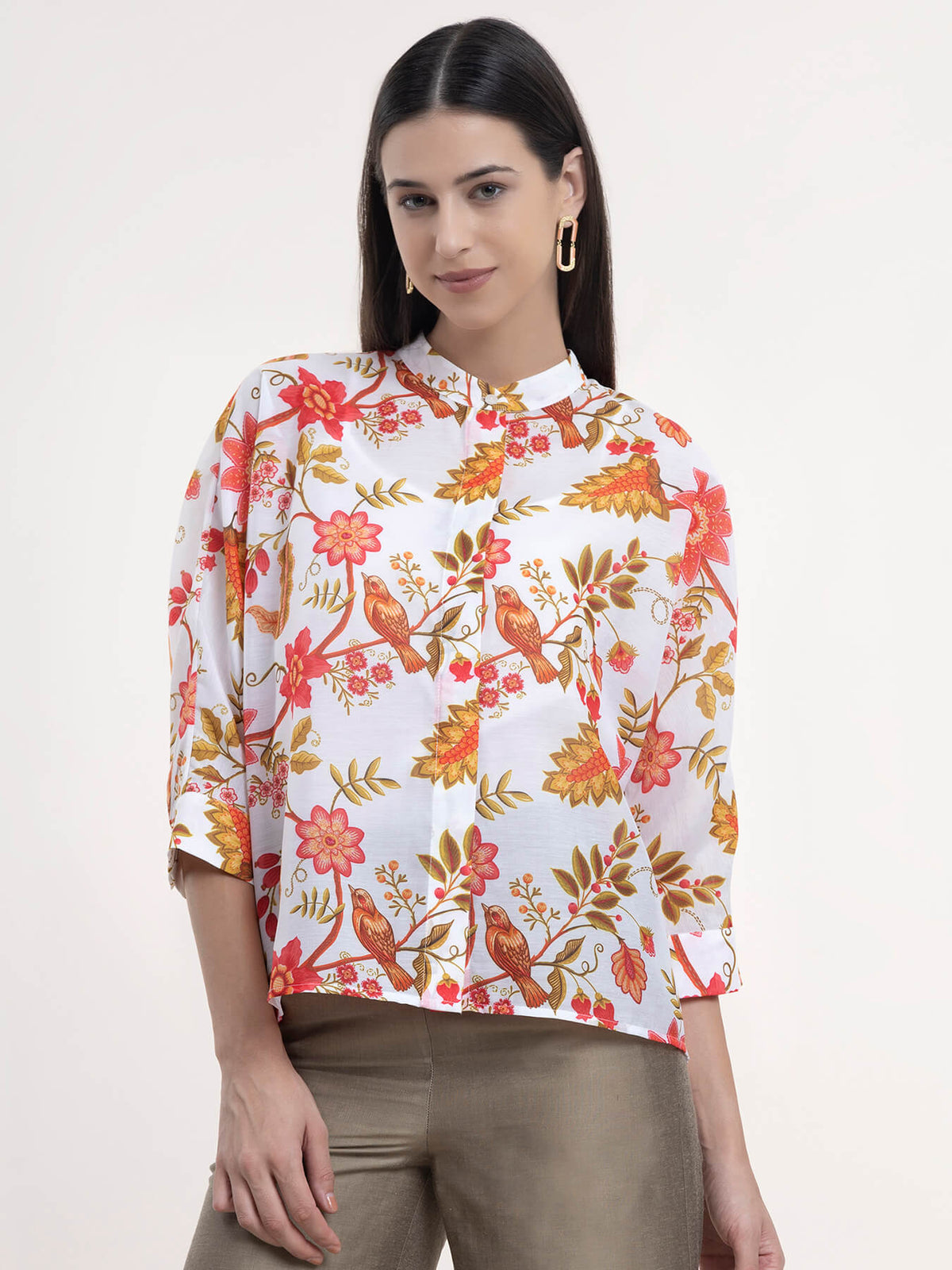 Chanderi Floral Dolman Sleeve Top - White and Red