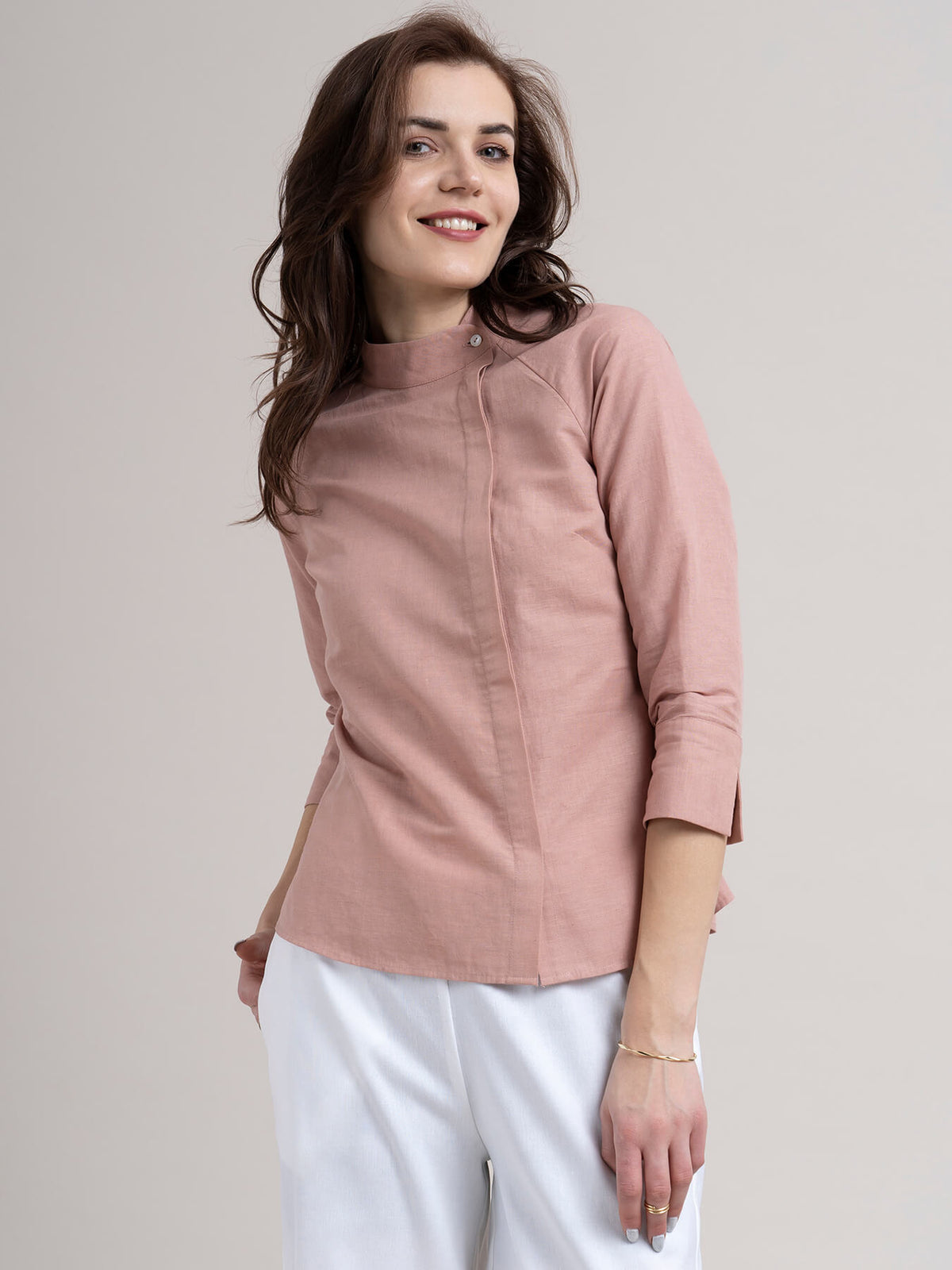 Linen Button Detail Top - Dusty Pink