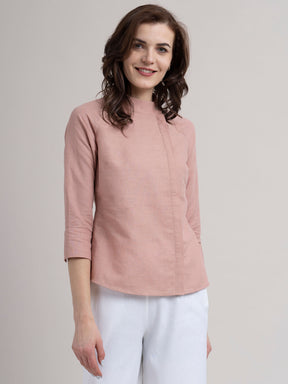 Linen Button Detail Top - Dusty Pink