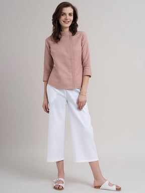 Linen Button Detail Top - Dusty Pink