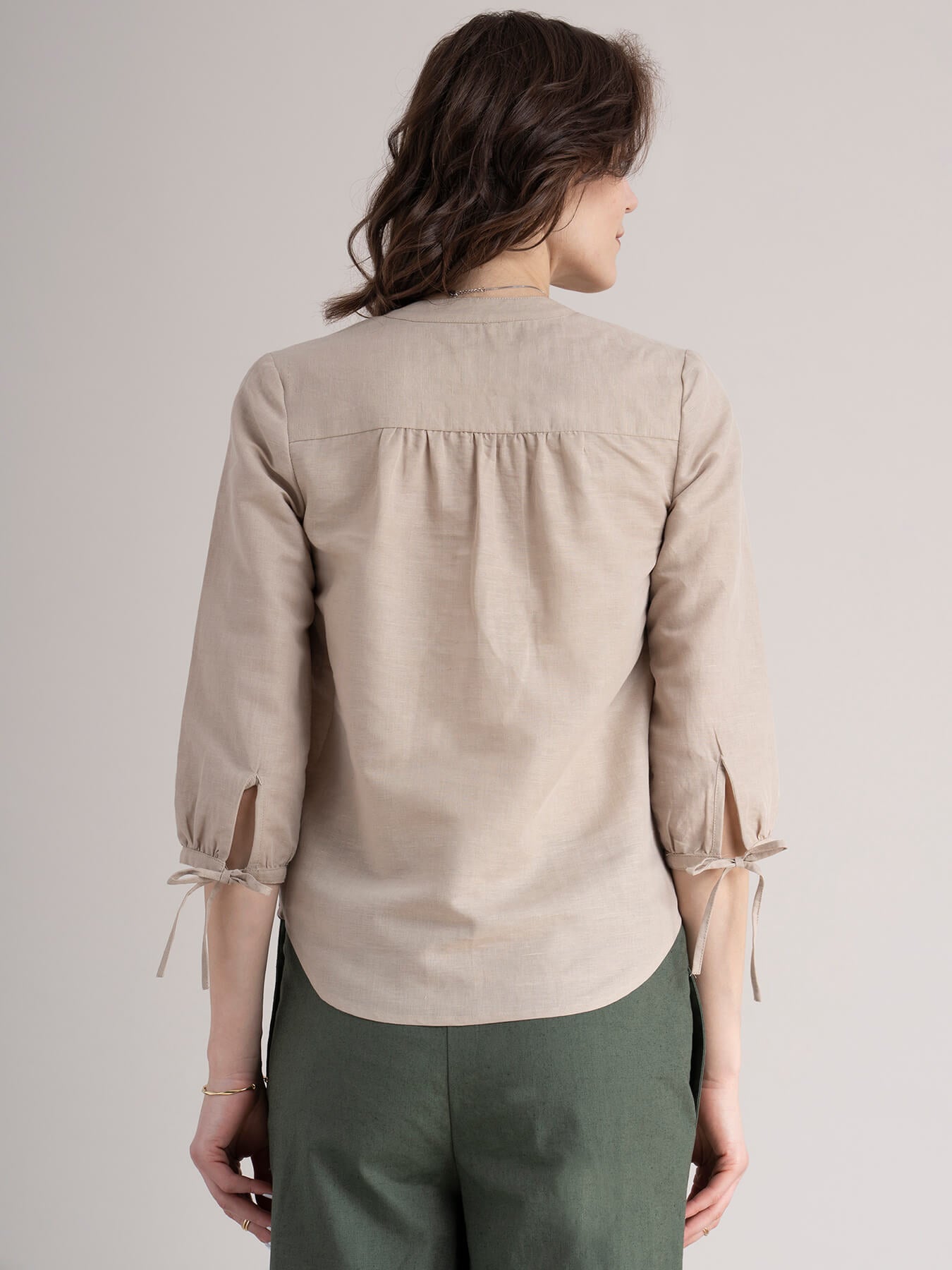 Linen Tie Up Sleeve Top - Beige