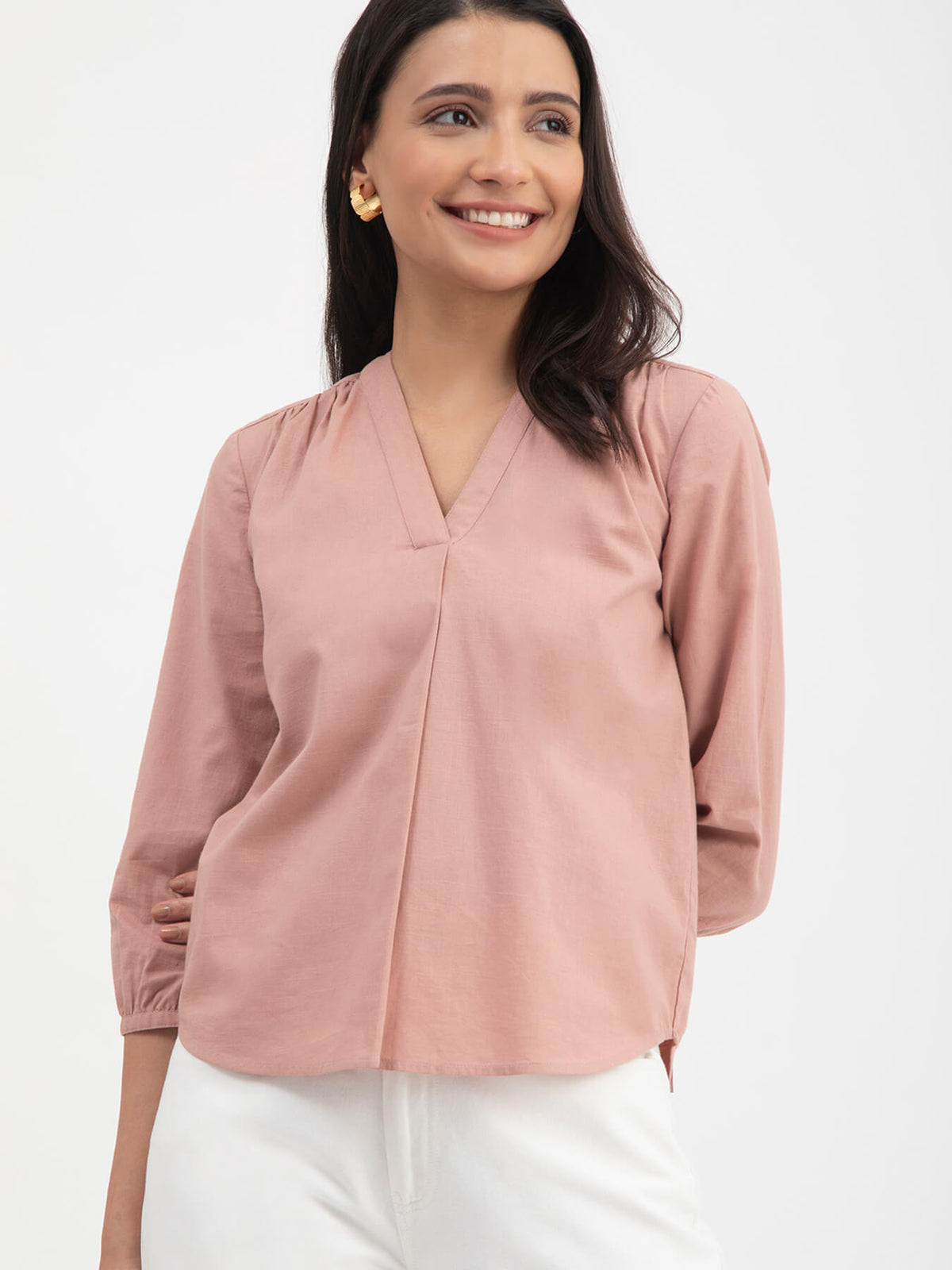 Linen V-Neck Pleated Top - Dusty Pink