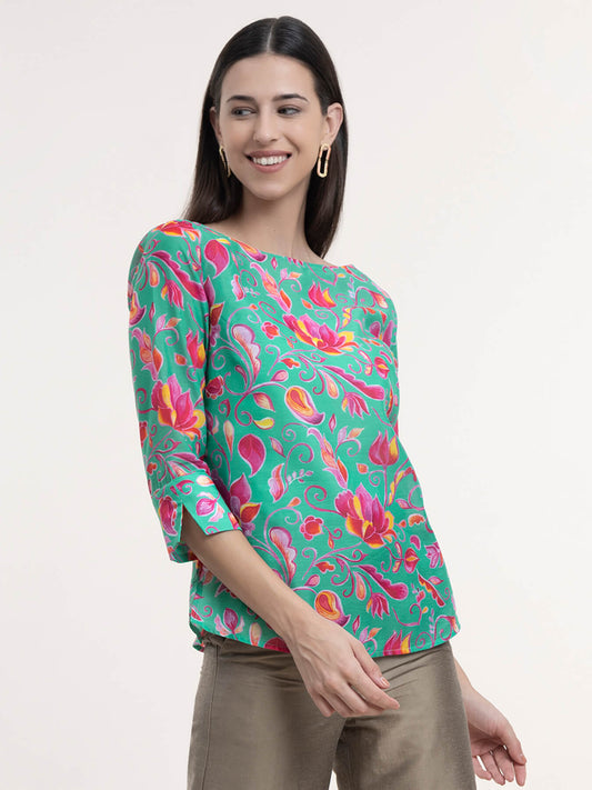 Chanderi Floral Top -  Green and Fuchsia