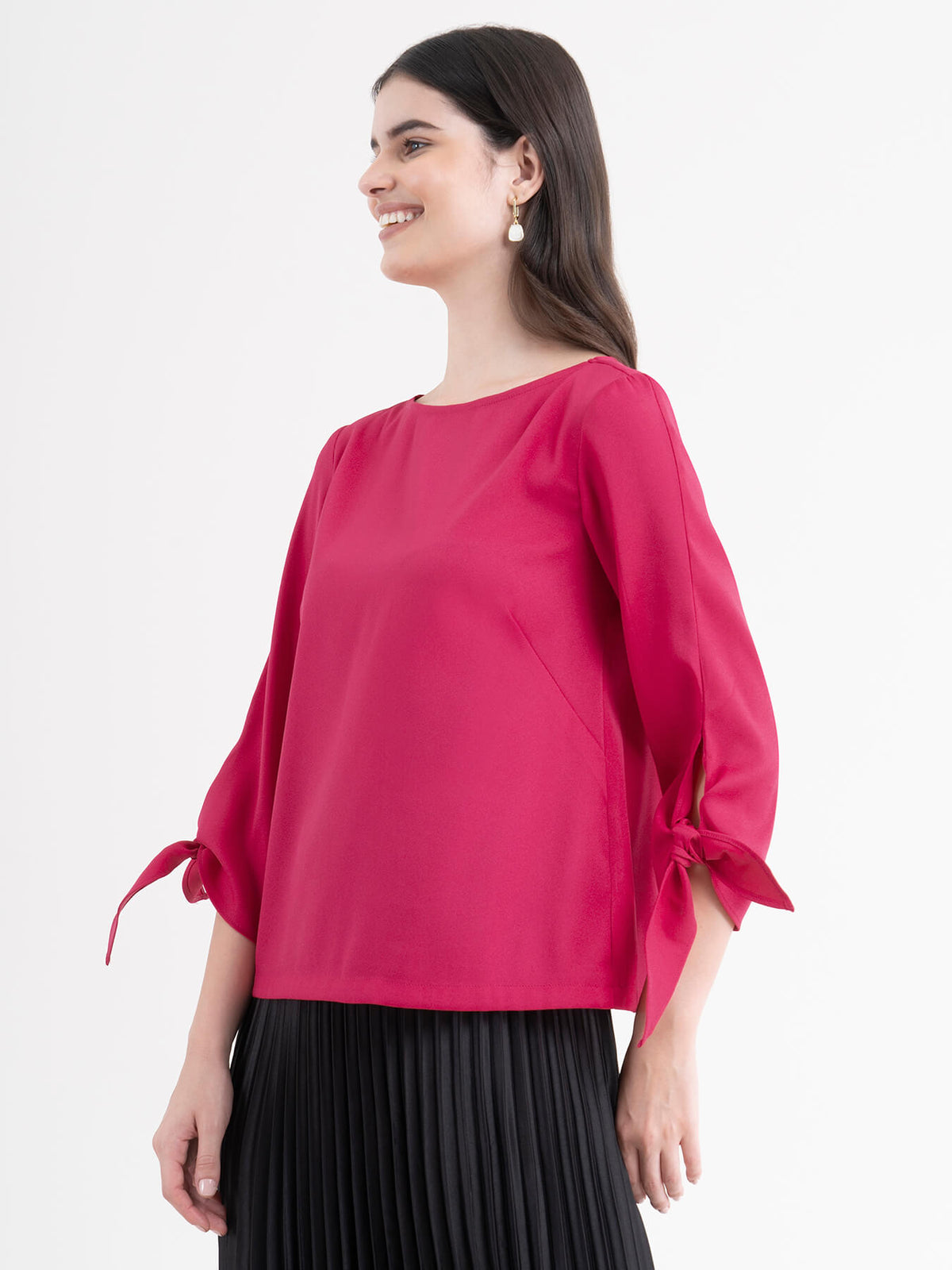 Boat Neck Tie Up Sleeve Top - Fuchsia| Formal Tops