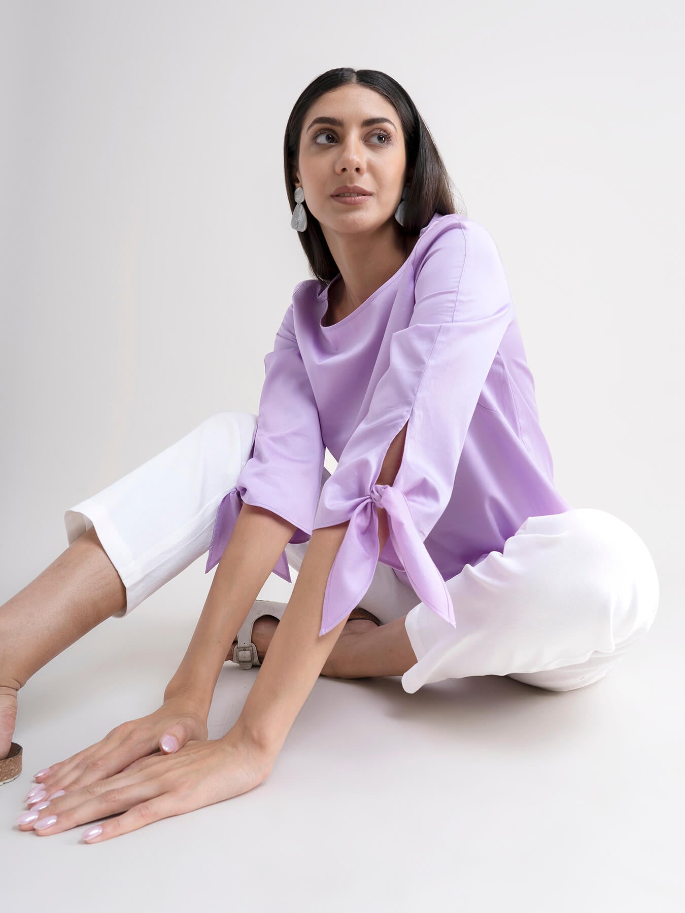 Cotton Tie Up Sleeve Top - Lilac