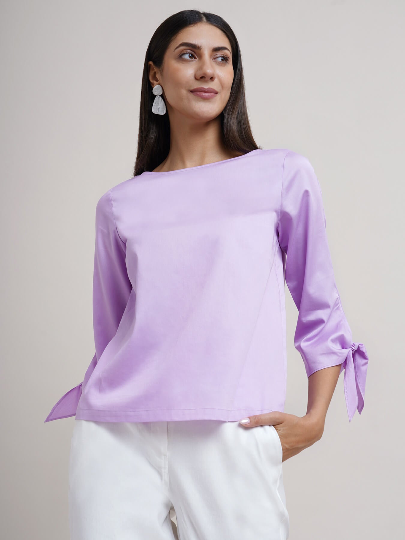 Cotton Tie Up Sleeve Top - Lilac