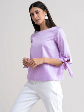 Cotton Tie Up Sleeve Top - Lilac