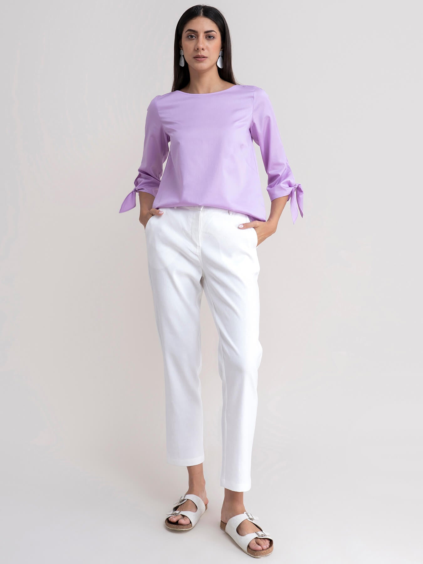 Cotton Tie Up Sleeve Top - Lilac