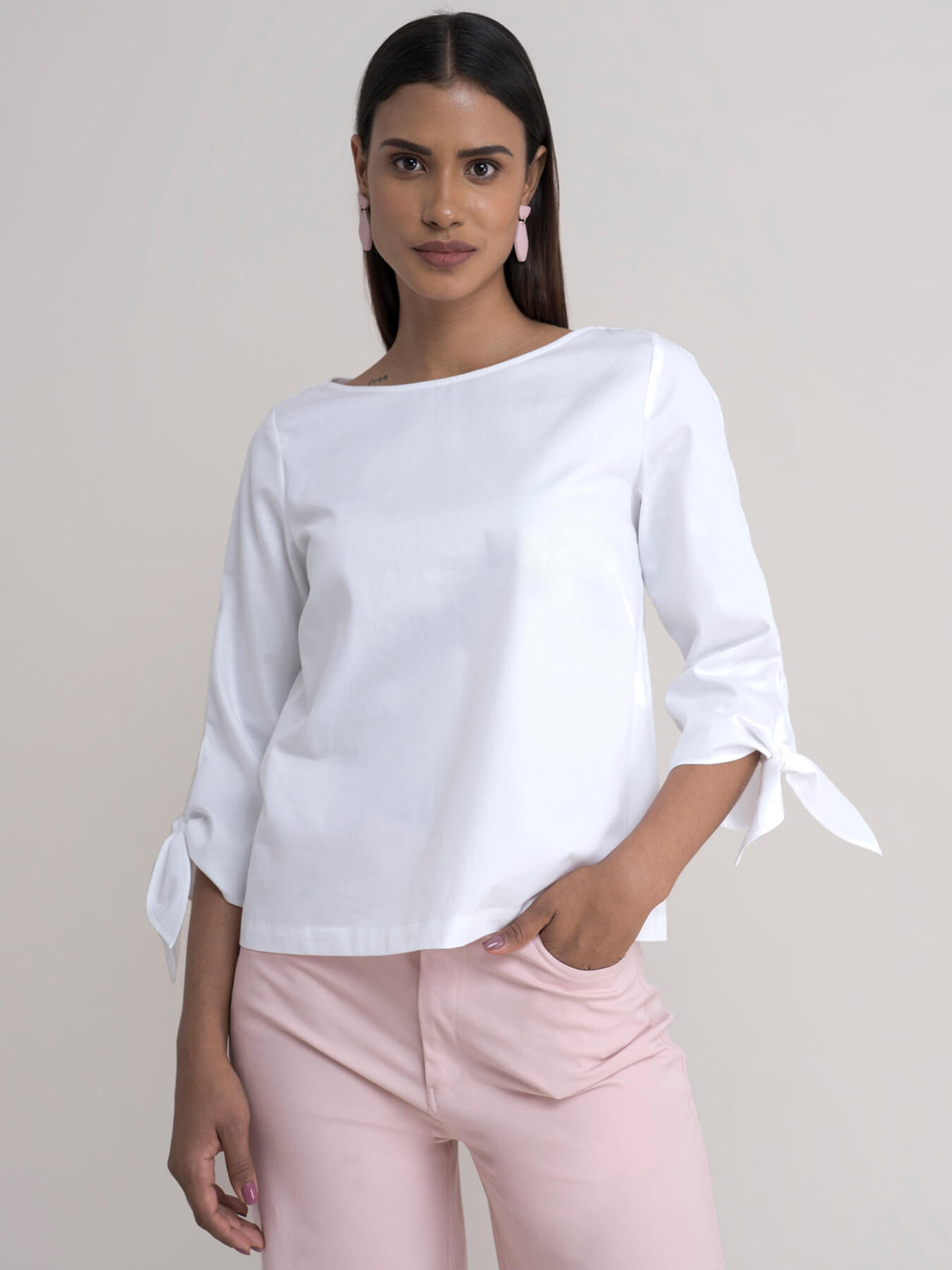 Cotton Tie Up Sleeve Top - White