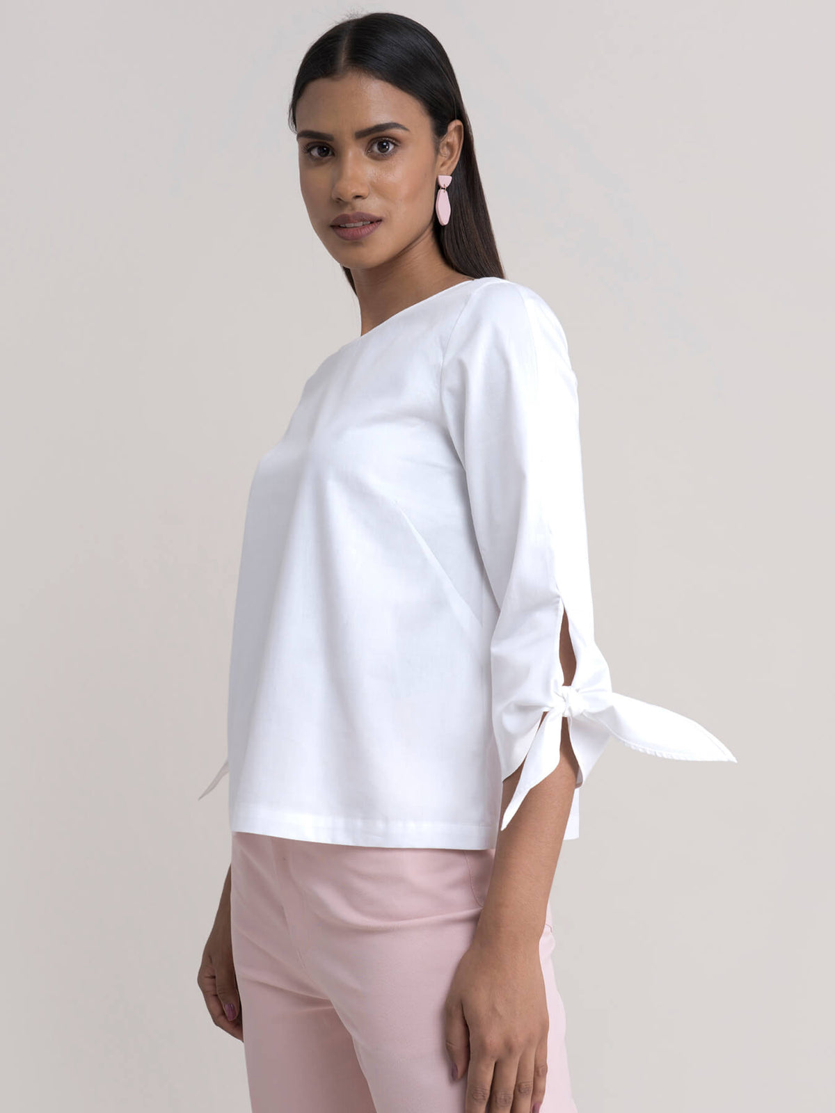 Cotton Tie Up Sleeve Top - White