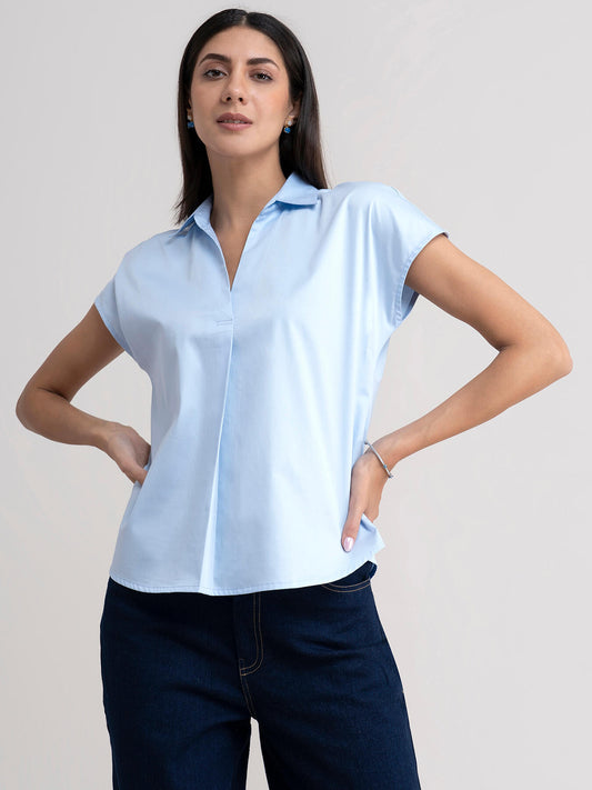 Cotton Drop Shoulder Top - Light Blue