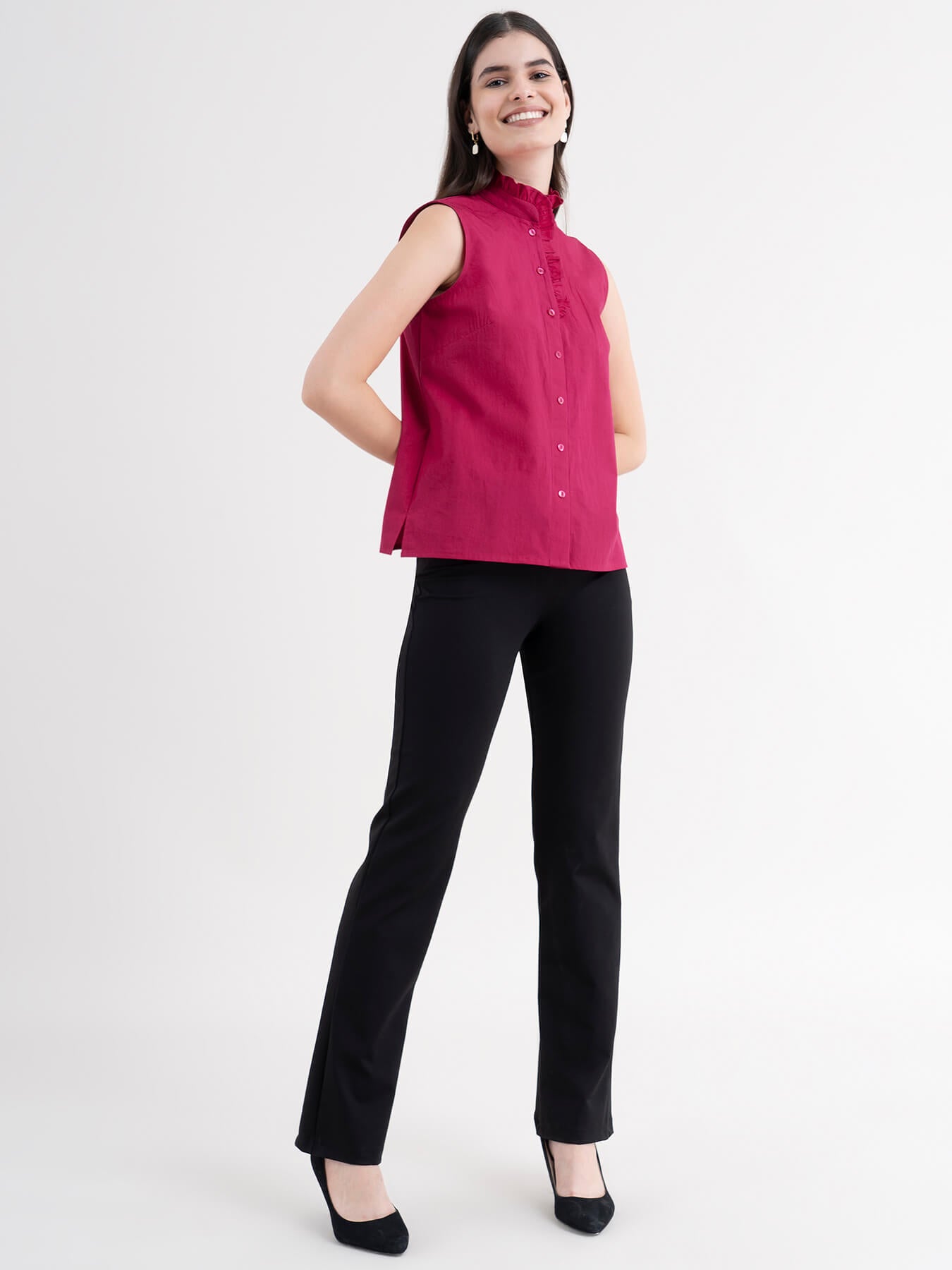 Cotton Ruffle Detail Top - Fuchsia