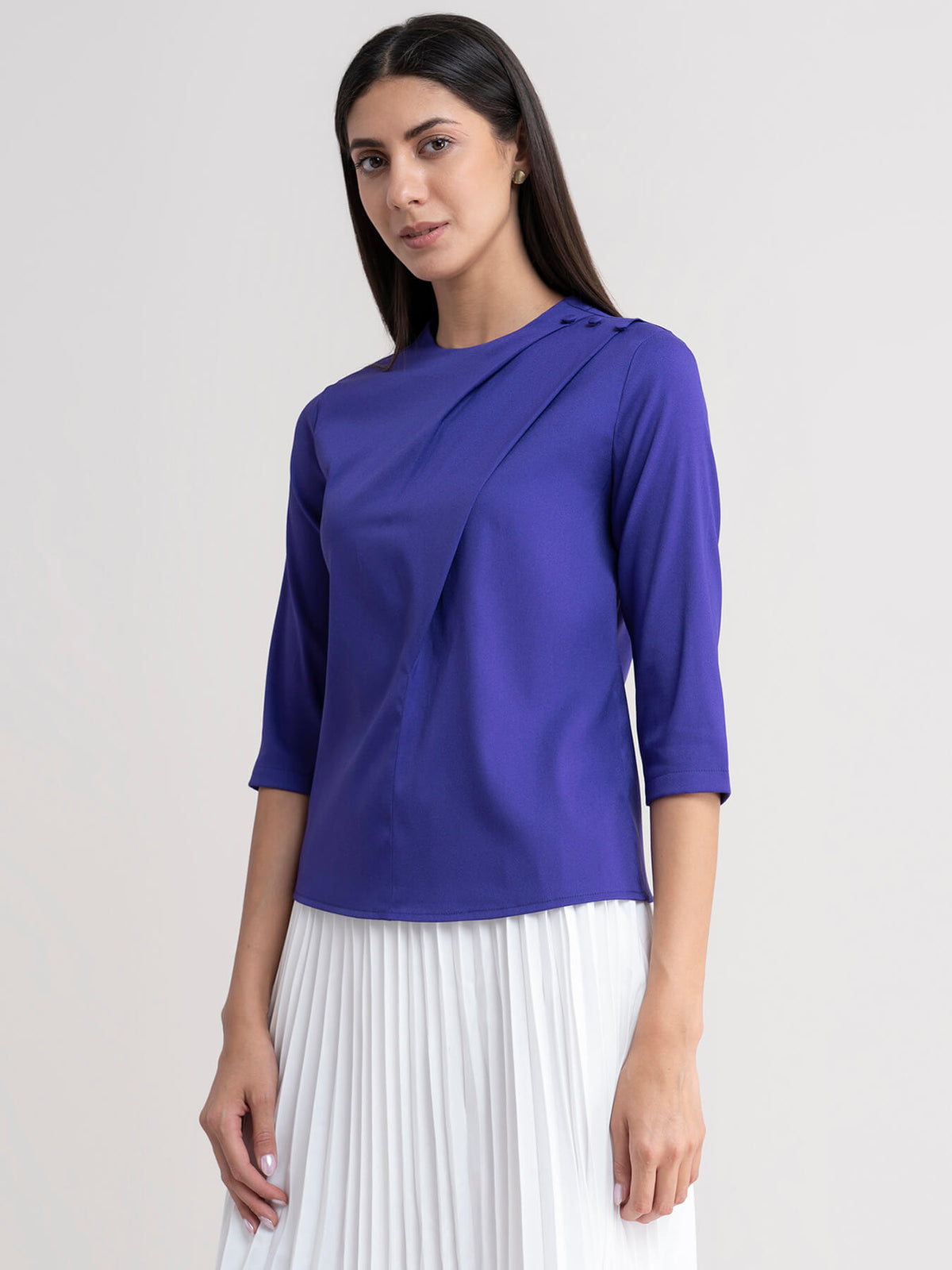 Crew Neck Side Pleat Top - Violet