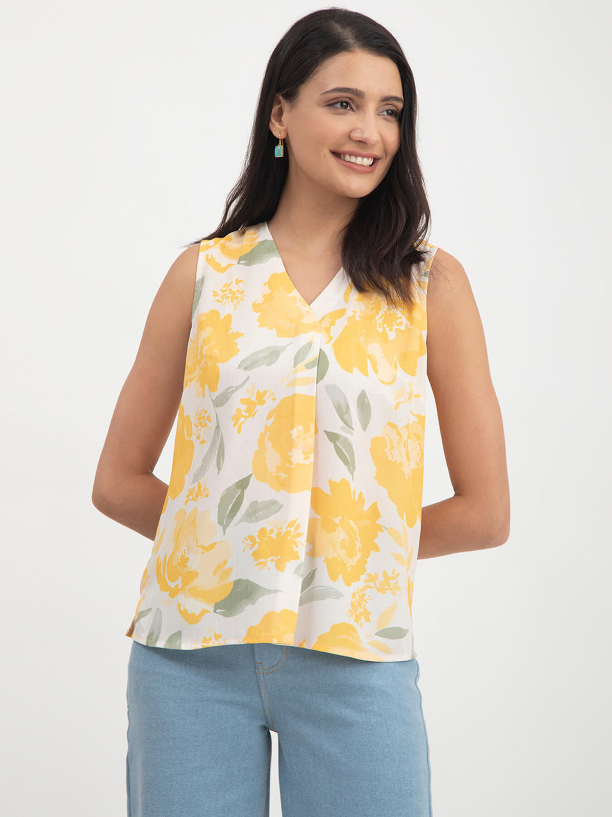 Floral Print V-Neck Top - White And Yellow