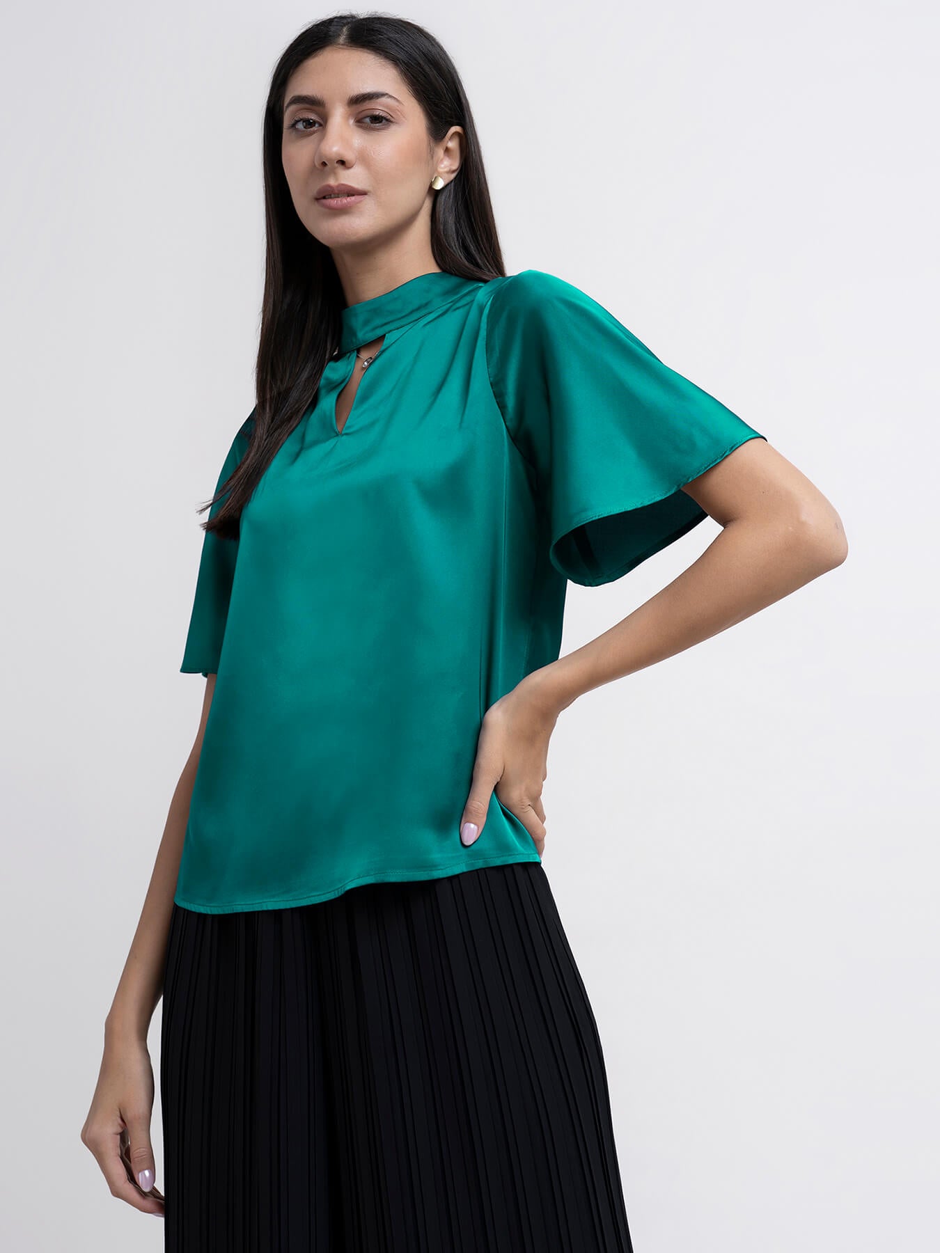 Satin Bell Sleeve Top - Emerald