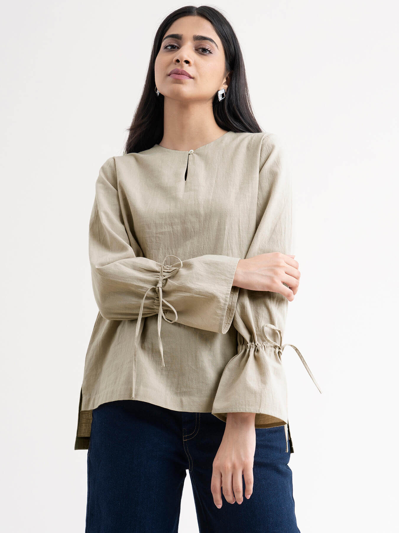 Cotton Tie Up Sleeve Top - Beige