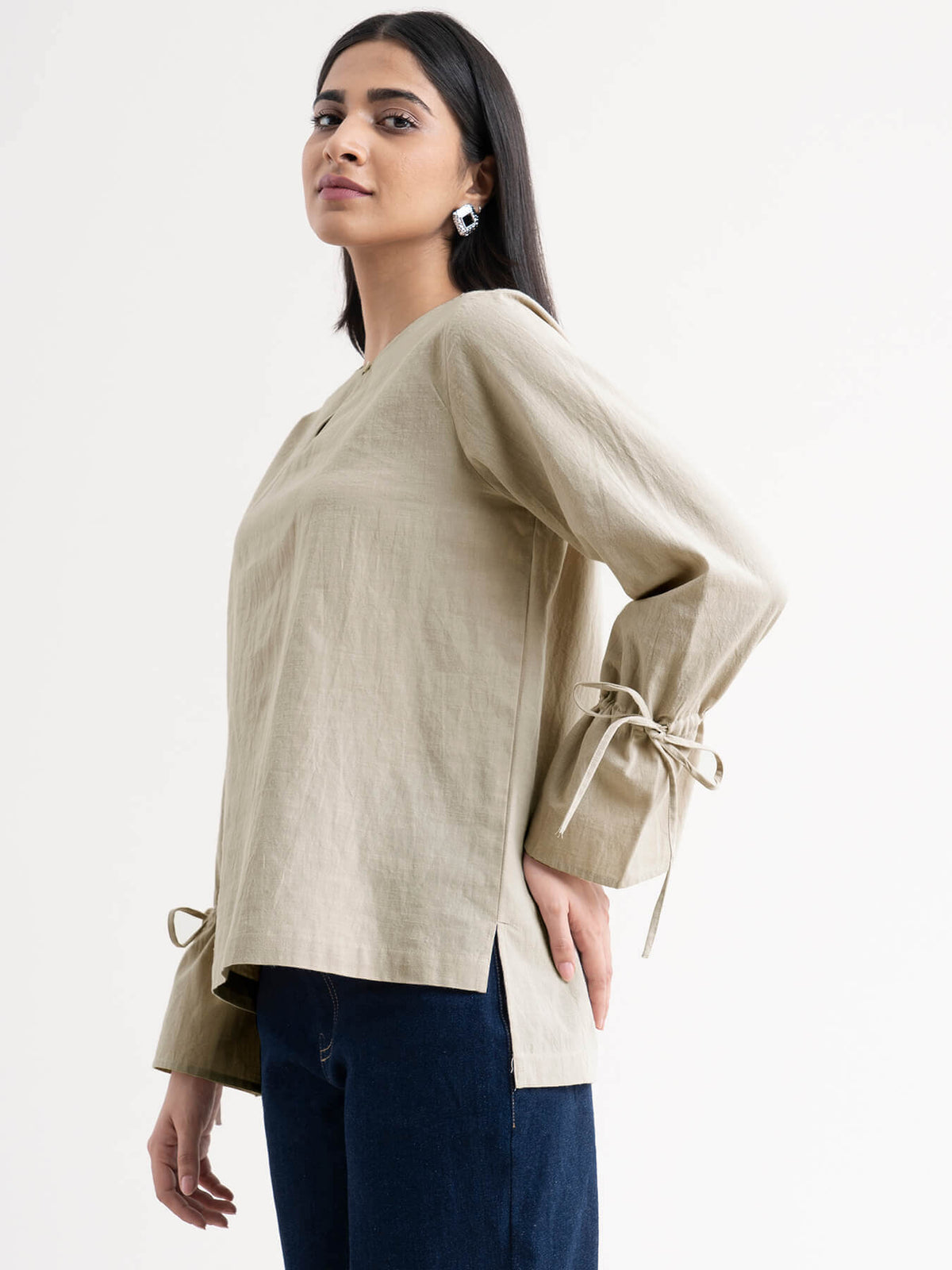 Linen Tie Up Sleeve Top - Beige