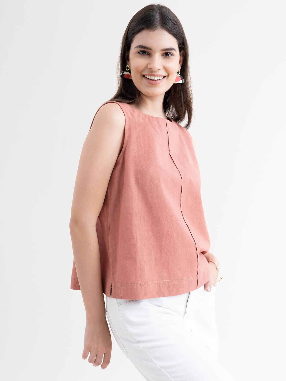 Linen Pintuck Top - Dusty Pink