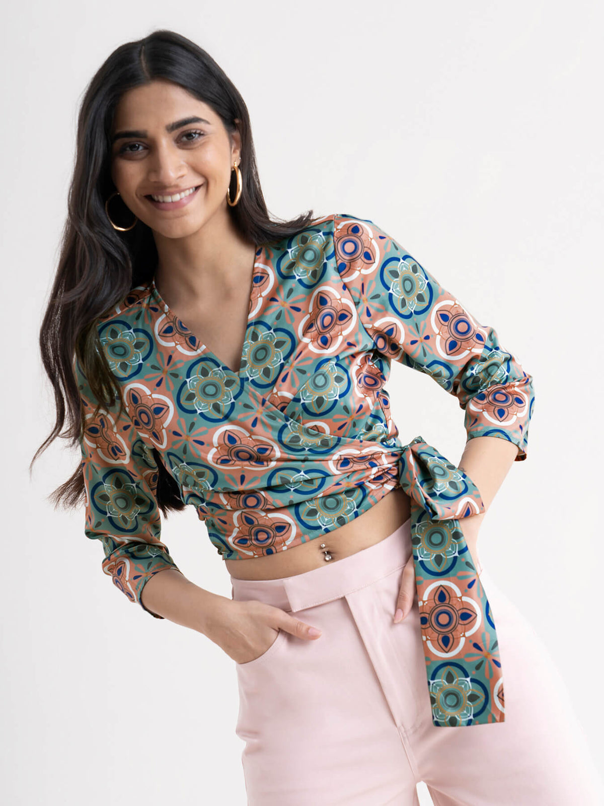 Satin Printed Wrap Top - Multicolour