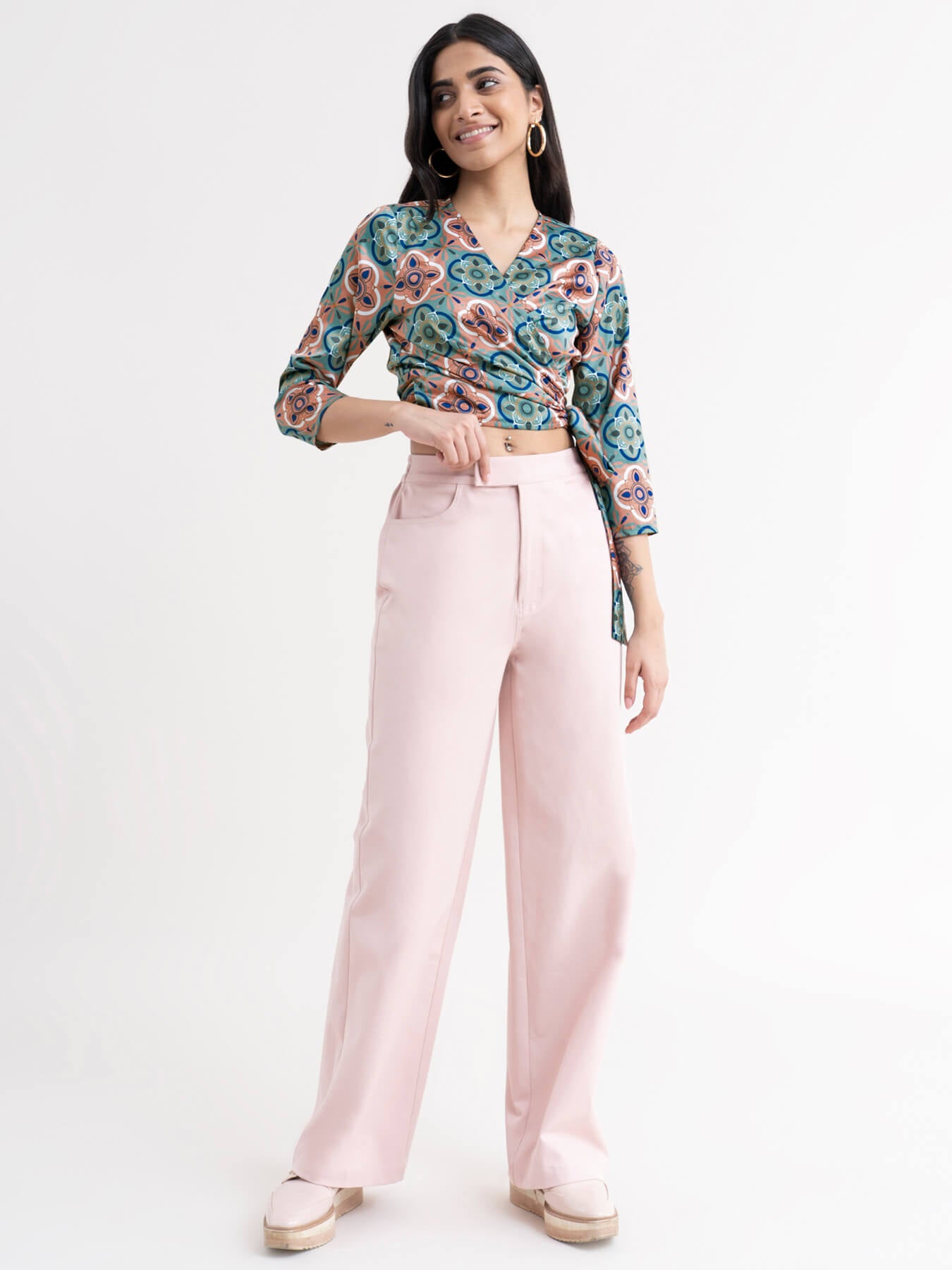 Satin Printed Wrap Top - Multicolour