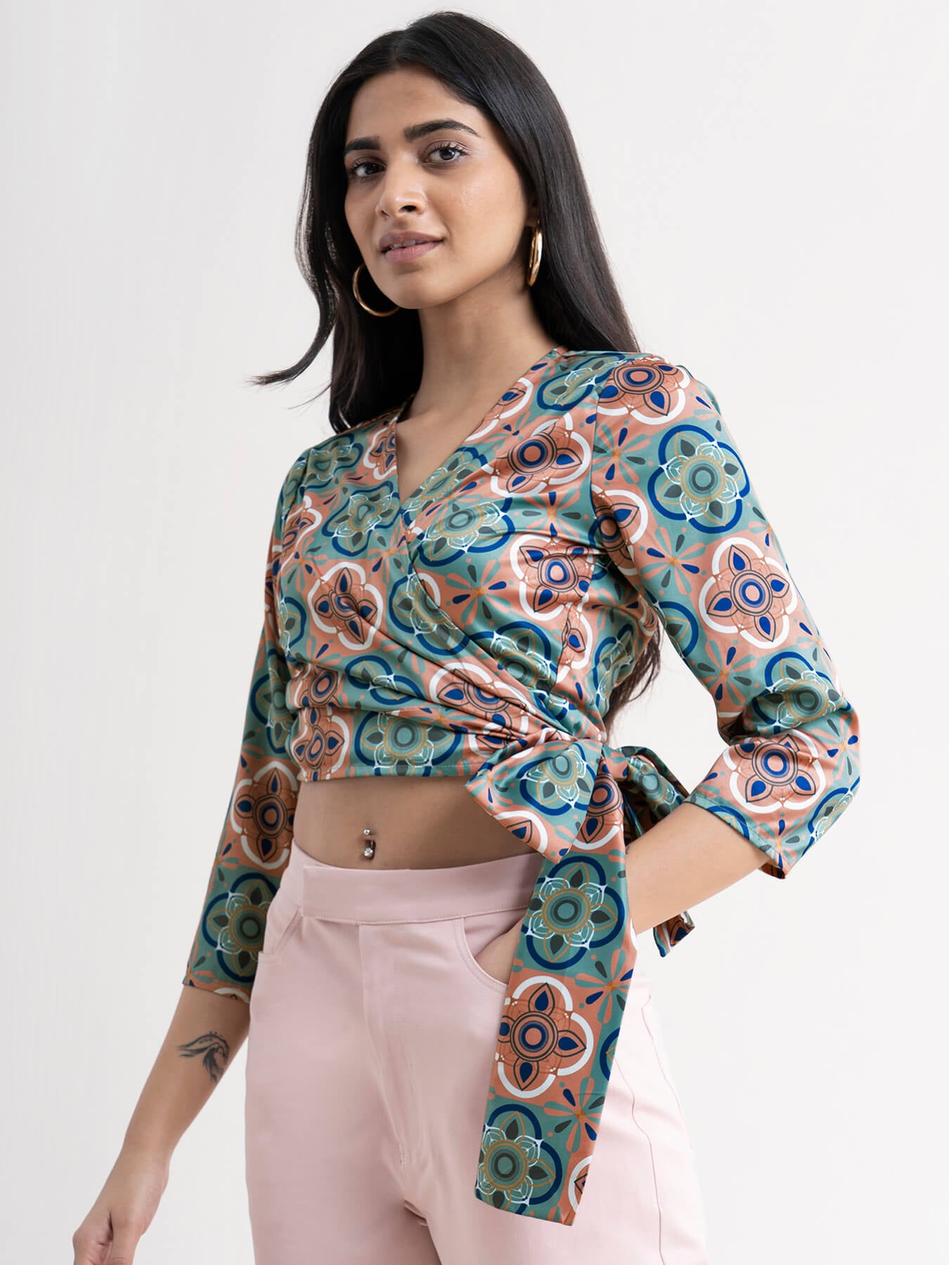 Satin Printed Wrap Top - Multicolour