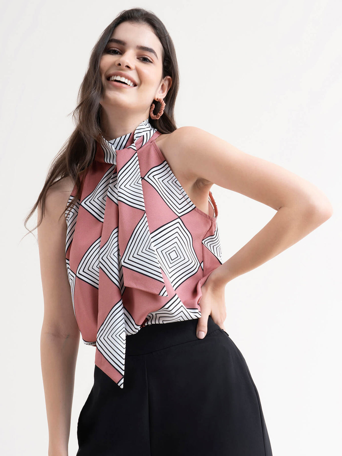 Sleeveless Geometric Print Top - Dusty Pink