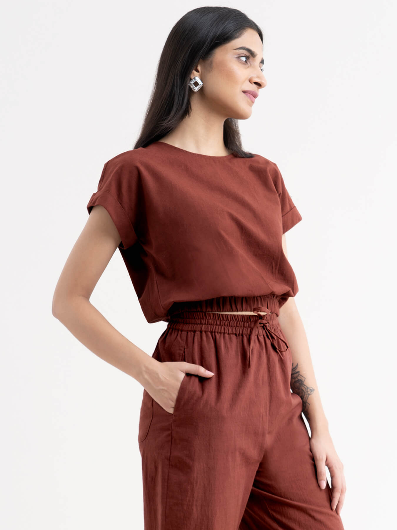 Linen Crop Top - Brown