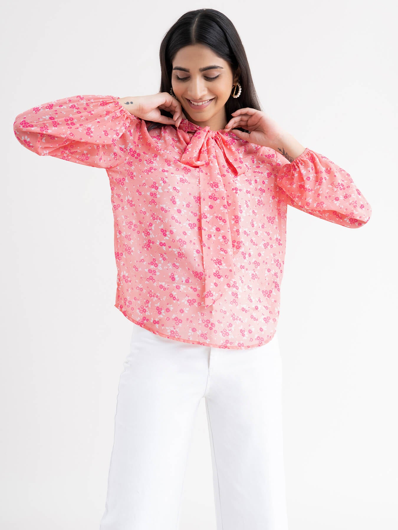 Floral Elasticated  Sleeve Top - Pink| Formal Tops