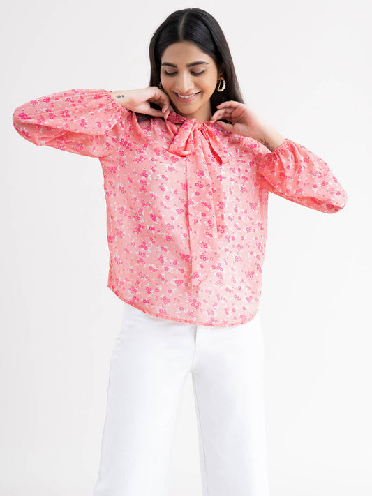 Floral Elasticated  Sleeve Top - Pink| Formal Tops