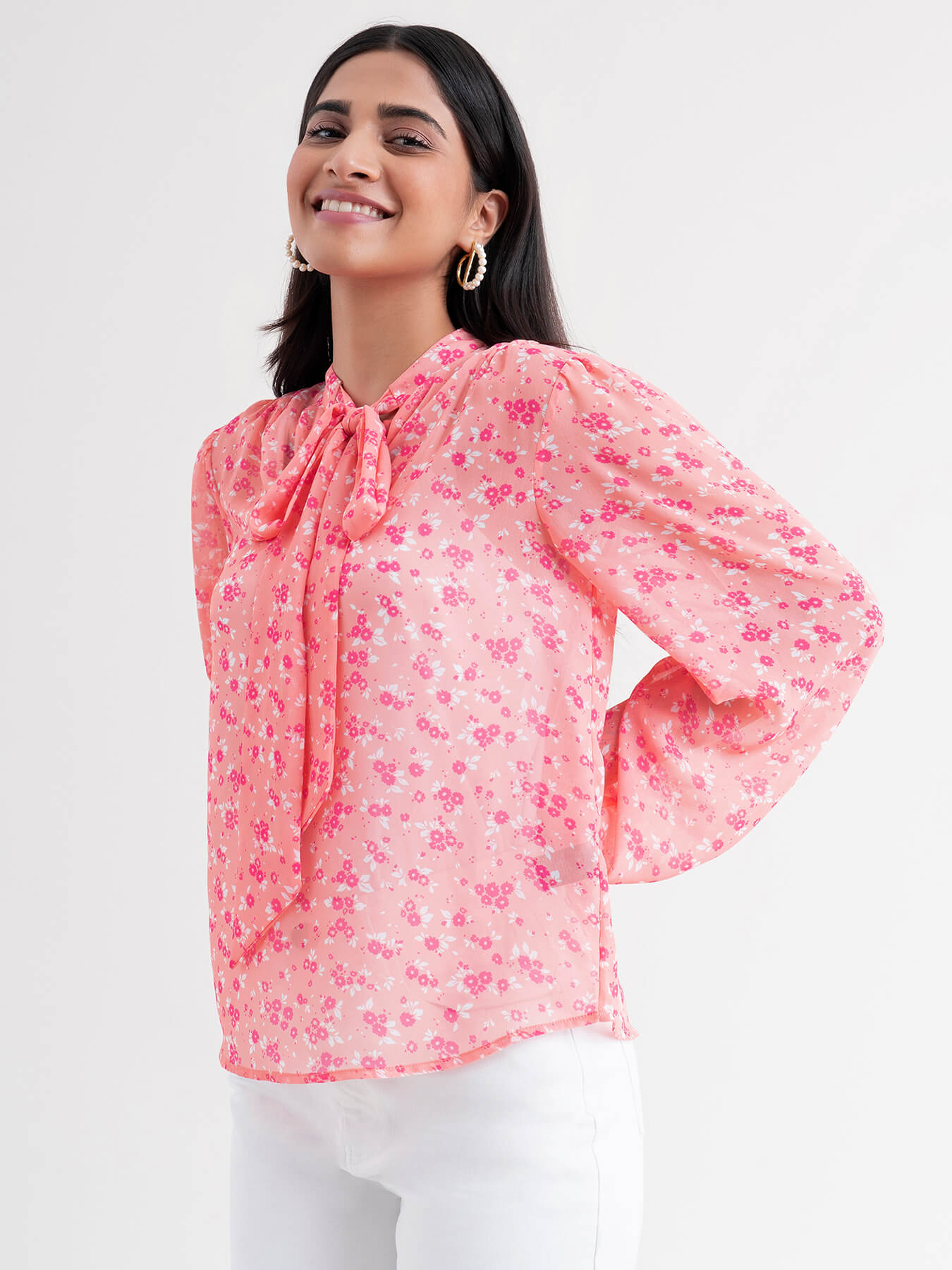 Floral Elasticated  Sleeve Top - Pink| Formal Tops