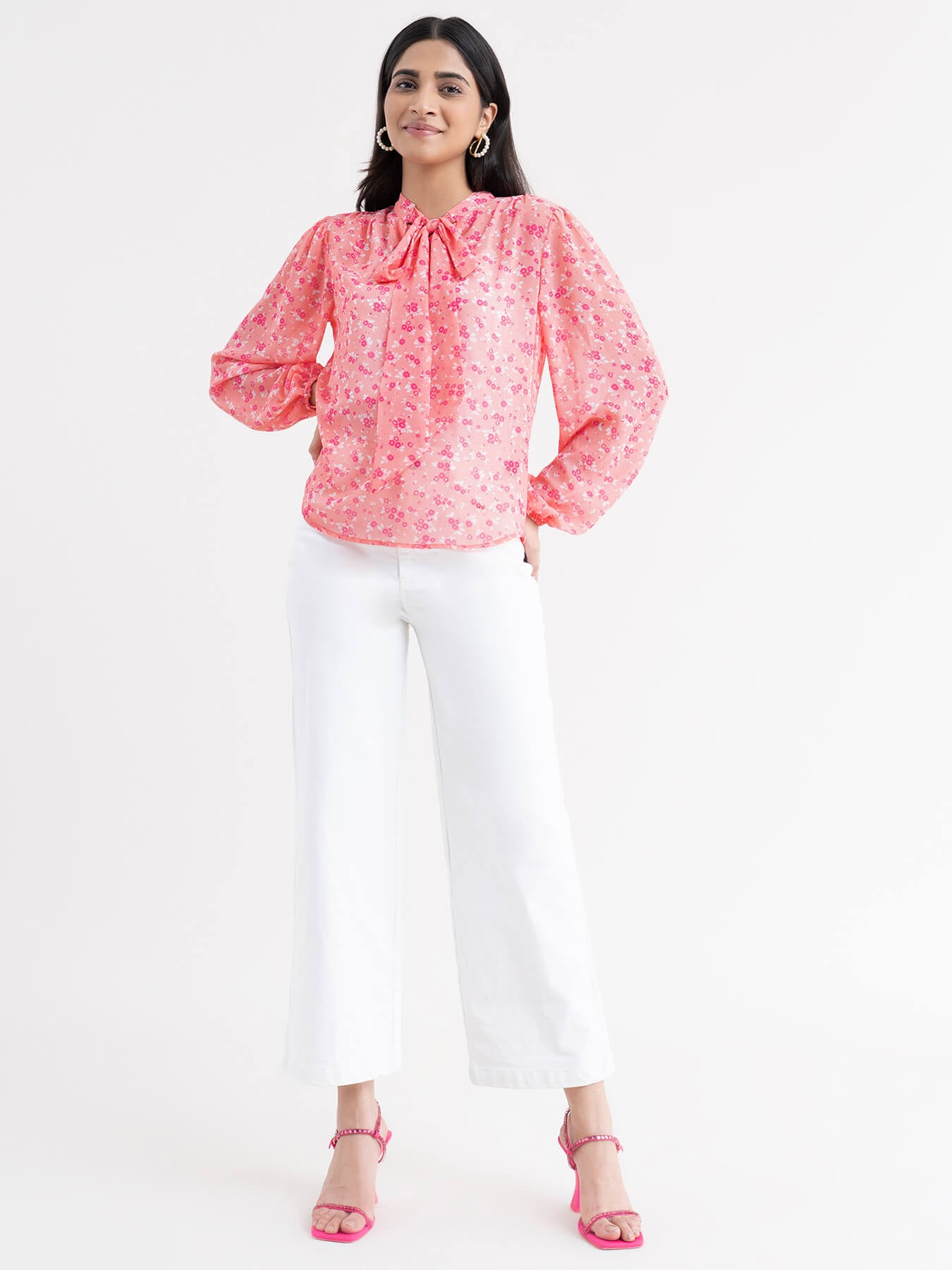 Floral Elasticated  Sleeve Top - Pink| Formal Tops