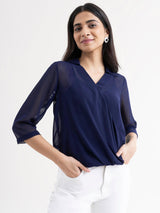 V Neck Collared Top - Navy Blue