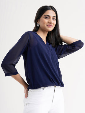 V Neck Collared Top - Navy Blue