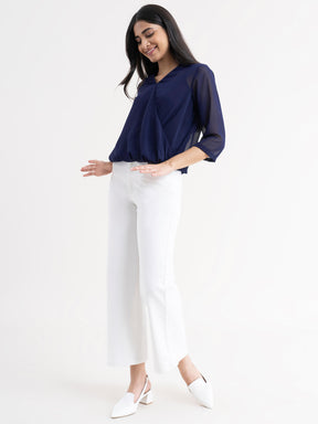 V Neck Collared Top - Navy Blue