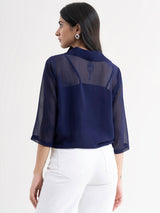 V Neck Collared Top - Navy Blue