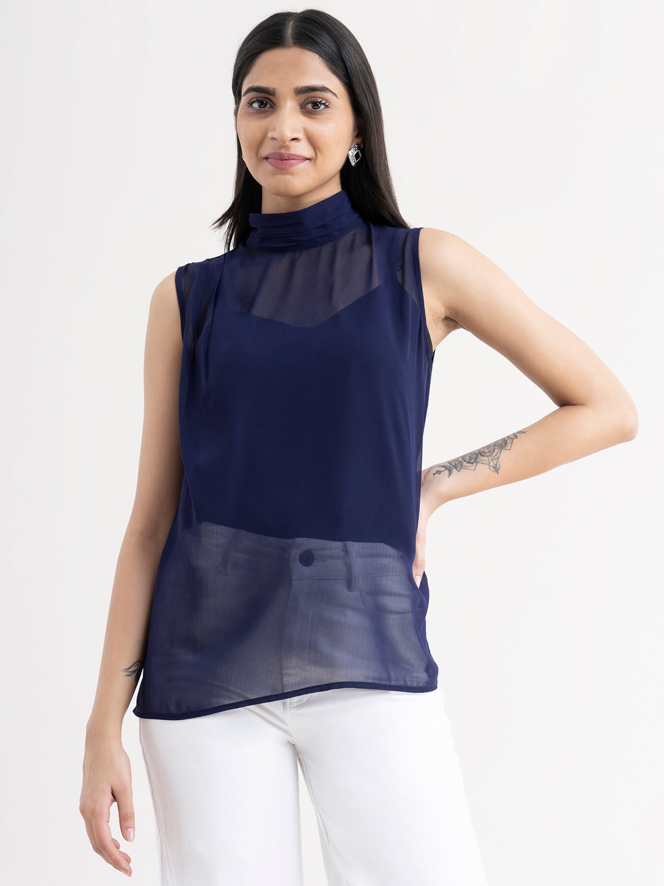 Sleeveless High Neck Top - Navy Blue