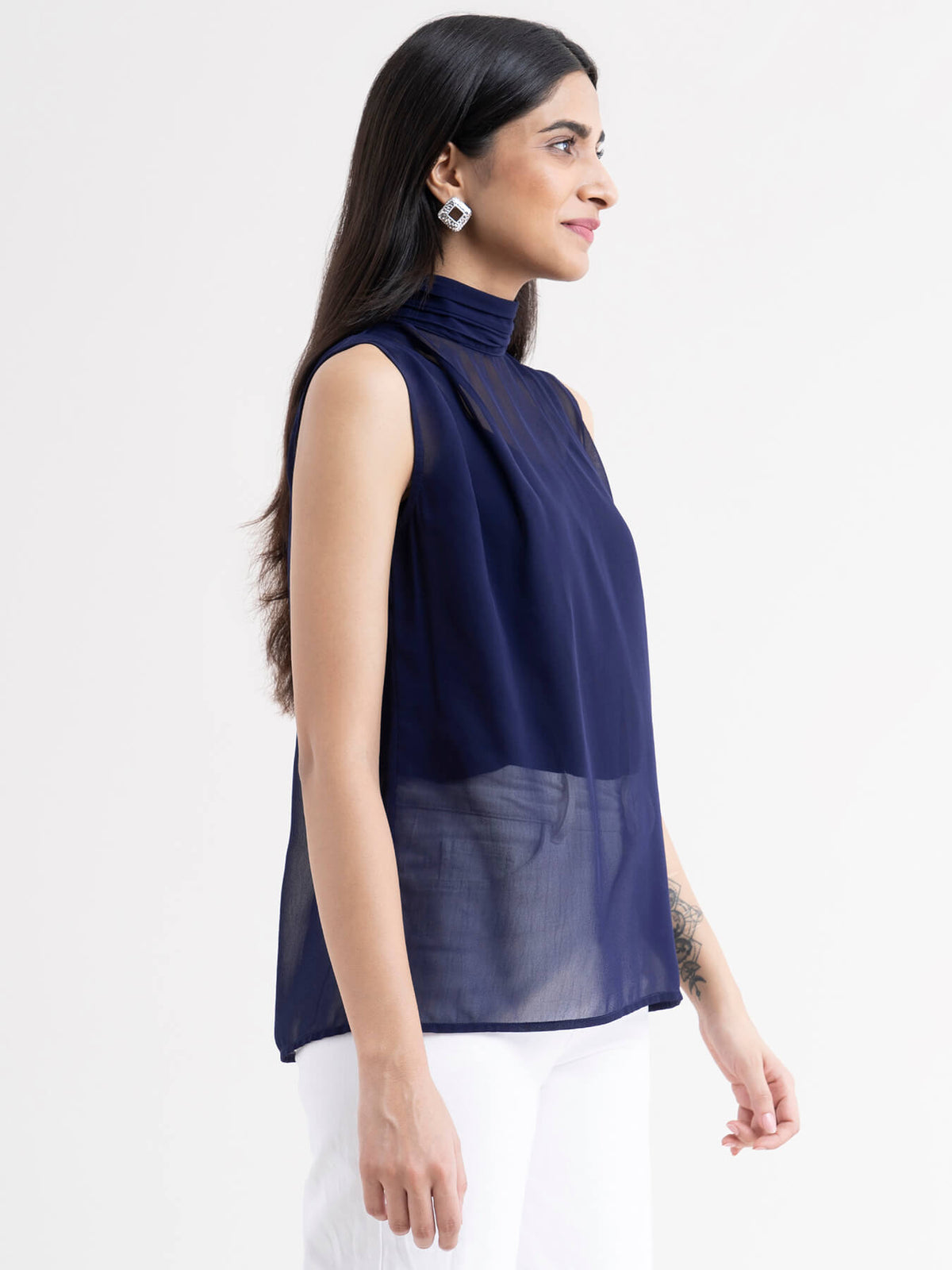 Sleeveless High Neck Top - Navy Blue