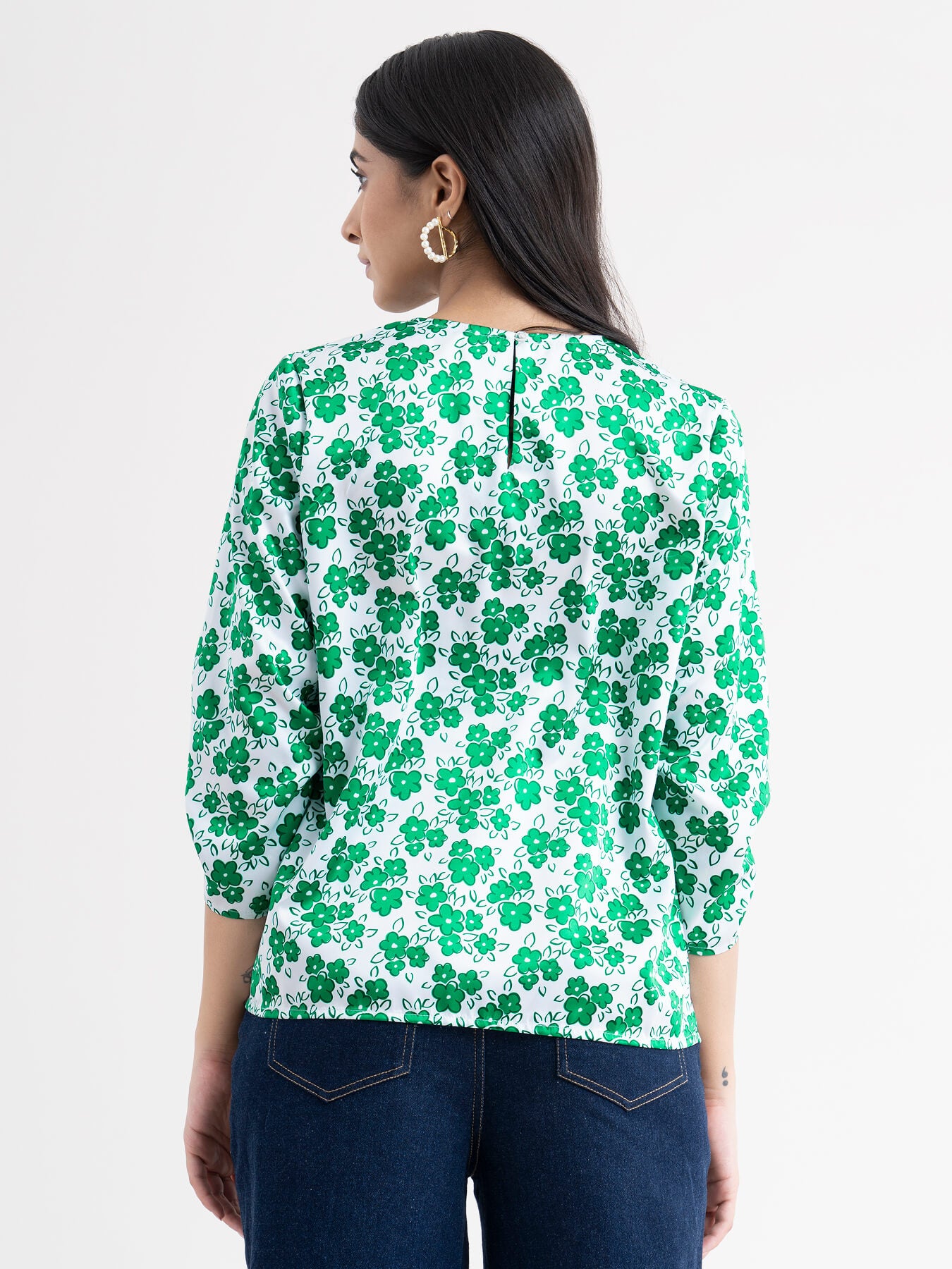 Floral Ruched Sleeve Top - Green