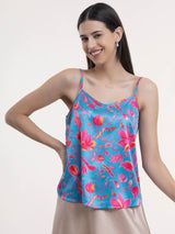 Satin Floral Print Strap Top - Blue and Fuchsia