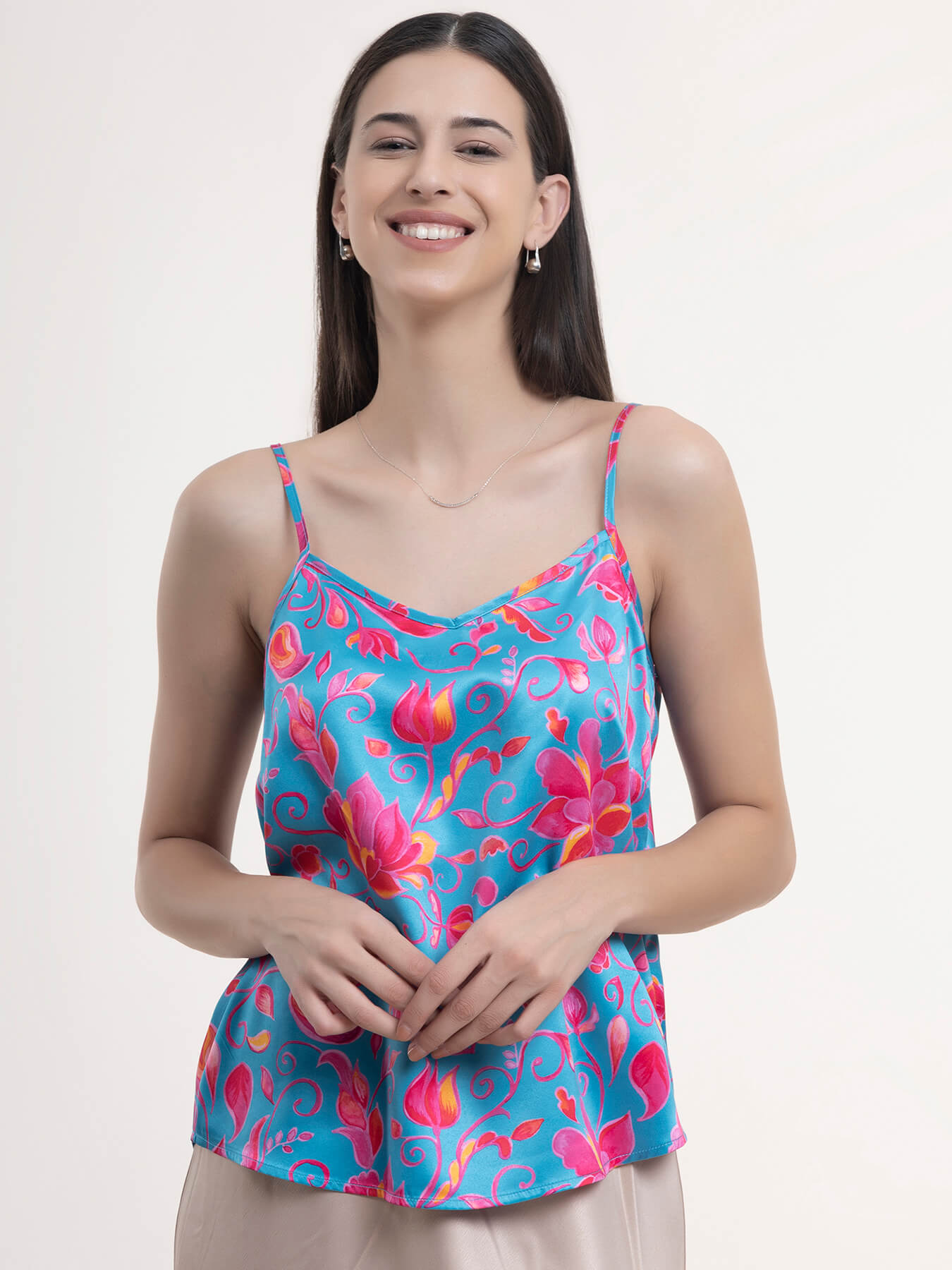 Satin Floral Print Strap Top - Blue and Fuchsia