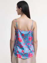 Satin Floral Print Strap Top - Blue and Fuchsia