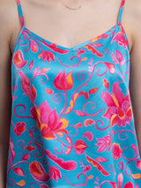 Satin Floral Print Strap Top - Blue and Fuchsia