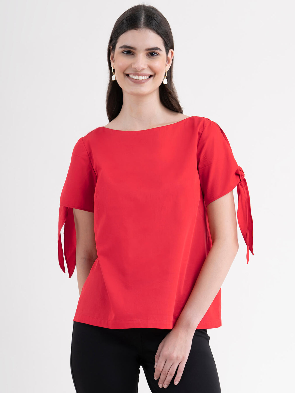 Cotton Tie Up Sleeve Top - Red