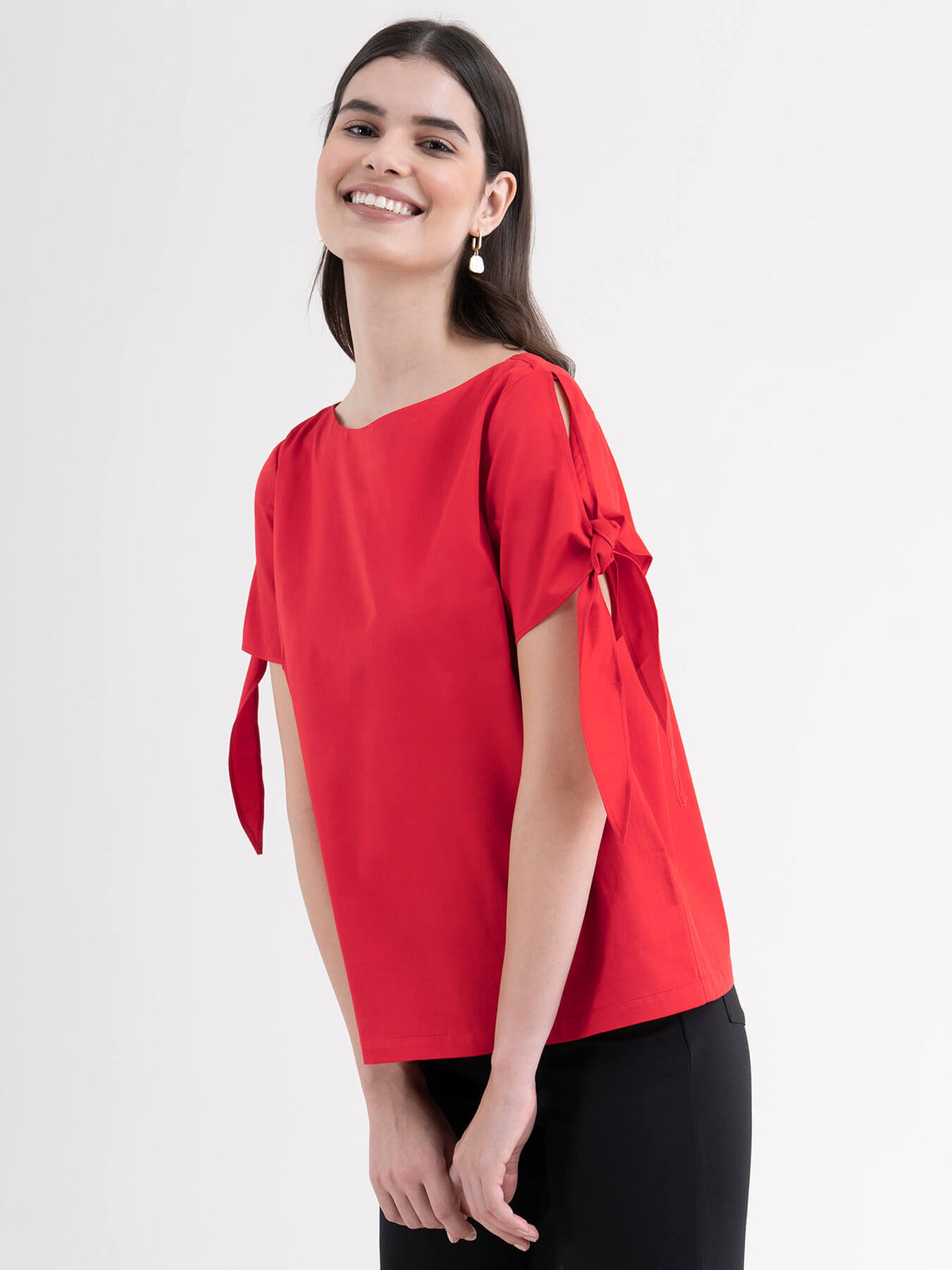 Cotton Tie Up Sleeve Top - Red